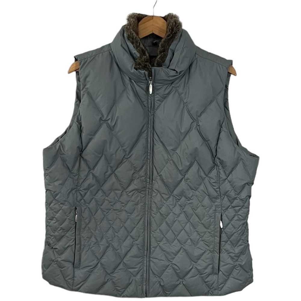 Eddie Bauer Premium Goose Down Women’s Vest Grey XXL Faux Fur Collar